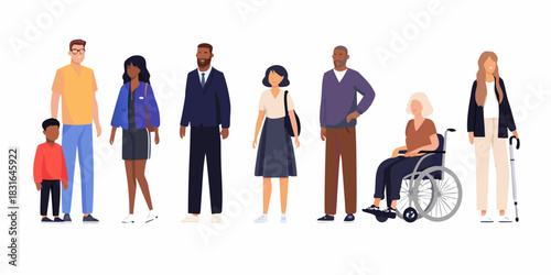 Diverse group of people standing together on a white background