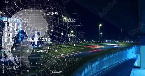 On data feed update transparent globe rotating over nighttime freeway, showing traffic flow data