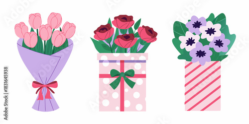 Three floral arrangements in different containers on a white background