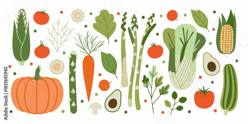 Flat lay illustration of fresh vegetables on white background