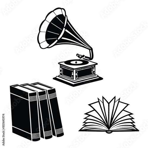 “Vintage Books and Gramophone Illustration Set”