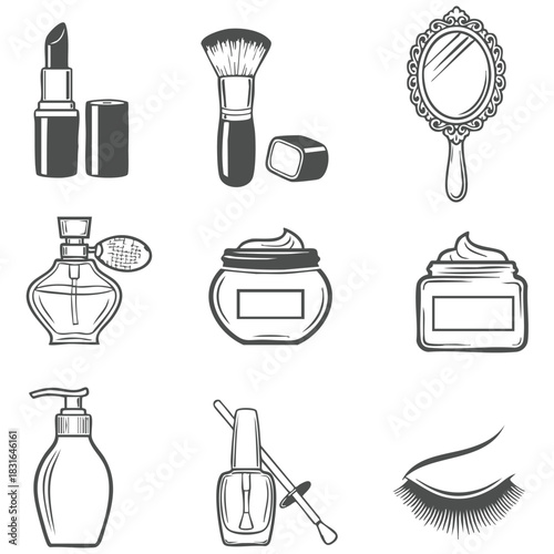 Beauty Line Art Clipart – Lipstick, Brush, Mirror, Perfume, Cream, Nail Polish & Makeup Icons Vector 