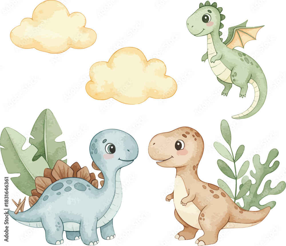 Obraz premium Adorable watercolor baby dinosaurs, dragon, and clouds set cute
