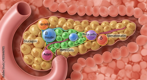 Pancreatic islet of langerhans with alpha, beta, delta cells and hormones
