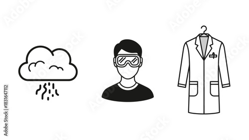 Icons symbolizing atmospheric elements, protective eyewear, and specialized work garments