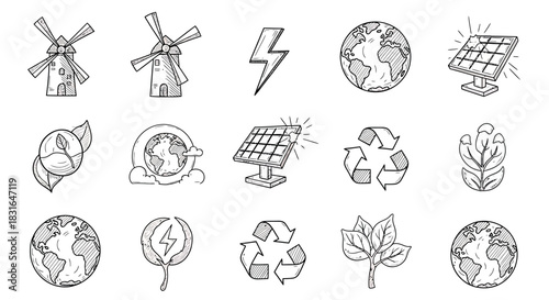 Hand Drawn Renewable Energy and Sustainability Doodle Icons Set