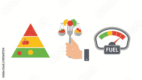 Healthy Eating Pyramid, Nutrition Scale and Fuel Gauge Icons