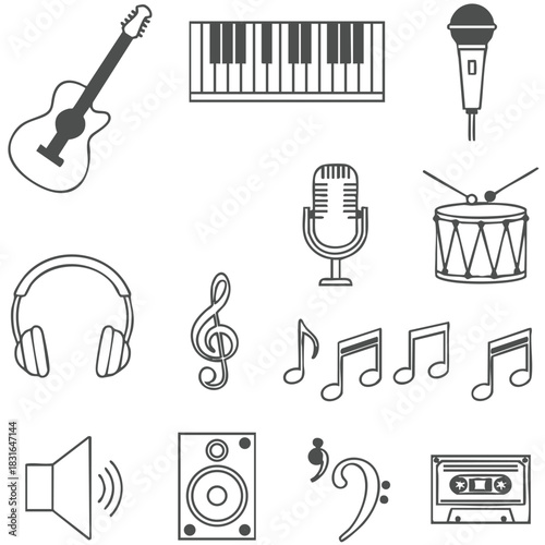 Music Line Art Clipart – Guitar, Drum, Piano Keys, Microphone, Headphones & Notes Vector Set
