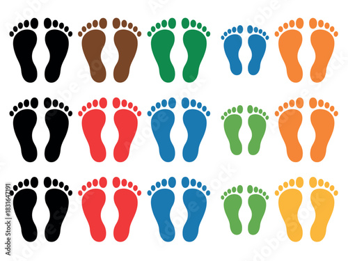 A collection of colorful footprints of various sizes depicts a diverse path of life's journey.