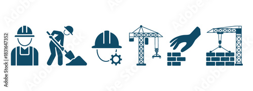 Construction industry icons depict workers, tools, and heavy machinery used in building and development projects.
