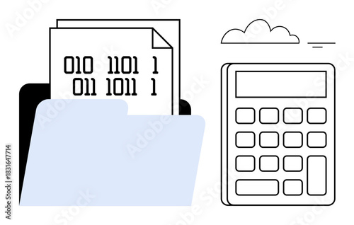 Data storage concept. Binary code in digital folder s organized data management and storage. Data storage linked with calculations, cloud integration, and computing tools. Perfect for tech