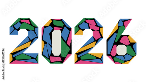 2026 Typography: A vibrant and colorful typographic design showcasing the year 2026, composed of abstract mosaic patterns. The artwork is perfect for future-themed projects and digital content.