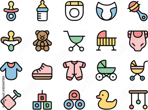 Collection of colorful baby care and toy icons