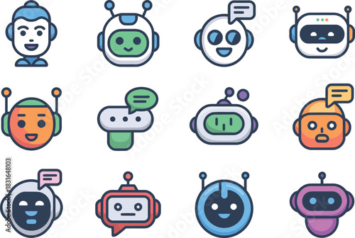 Collection of friendly robot and AI bot icons