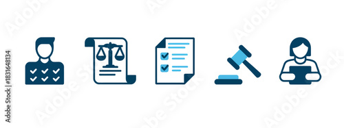 A collection of icons representing legal concepts, including a person with checkmarks, scales of justice, a checklist, a gavel, and a person holding a document.