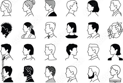 Diverse human profile icons in black and white outline style