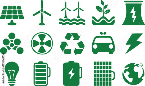 Green Icons Representing Renewable Energy and Environmental Concepts