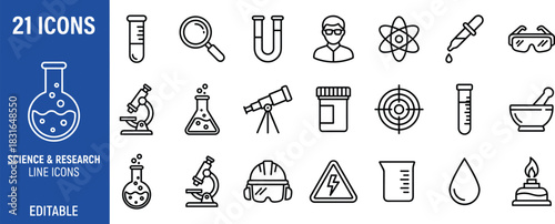 Science and research line icon set featuring laboratory tools, experiments, chemistry equipment, analysis symbols, scientific discovery, safety gear, and educational elements
