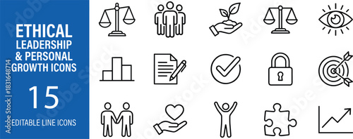 Ethical leadership and personal growth line icon set featuring integrity, teamwork, development, trust, goal achievement, mindfulness, responsibility, and positive human values