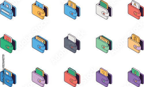 Isometric Wallets with Money and Card Icons