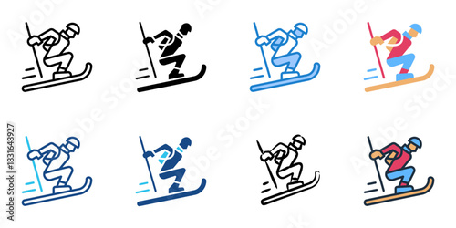 Skiing icon set multiple style vector collection. Editable Stroke 
