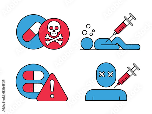 Depictions of drug overdose and the dangers of illicit substances are shown with warning symbols and medical imagery.