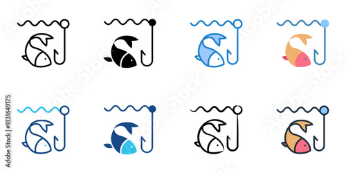 Fishing icon set multiple style vector collection. Editable Stroke 
