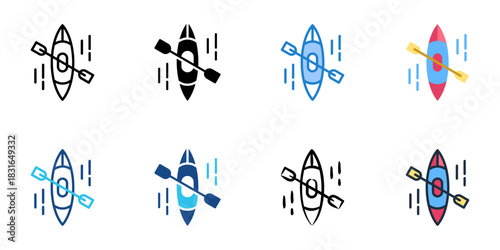 Kayaking icon set multiple style vector collection. Editable Stroke 
