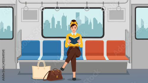 Stylish woman reading a book on a subway train during her daily commute, with a cityscape view through the window. Vector illustration of public transportation