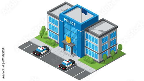 Isometric police department building with patrol cars parked in front, a vector illustration of law enforcement headquarters