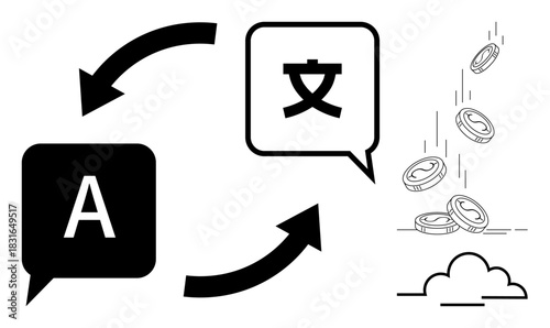 Arrows connecting speech bubbles with letters, coins falling into cloud. Ideal for communication, translation, economy, globalization, technology, networking innovation. Simple flat metaphor