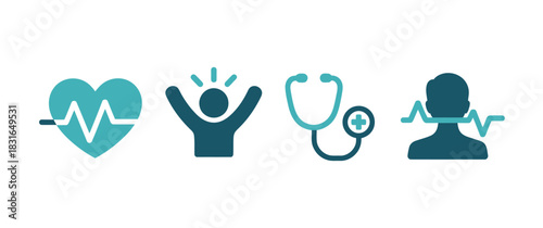 A collection of icons representing healthcare, including a heart with a cardiogram, a happy person, a stethoscope, and a person with a brainwave.