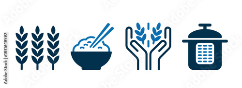 A set of icons representing wheat, rice with chopsticks, hands holding wheat, and a rice cooker symbolizes food preparation and agriculture.