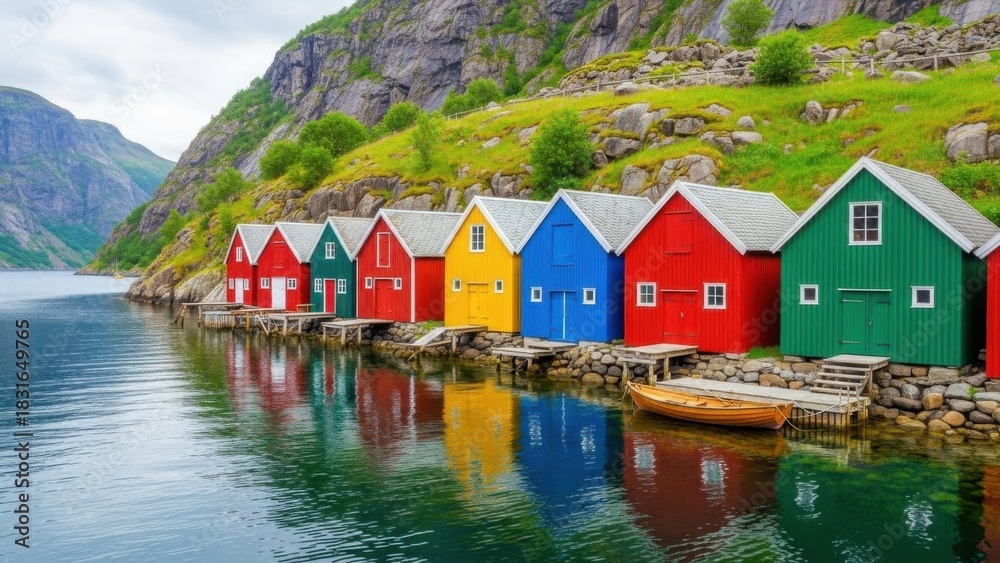 Fototapeta premium Colorful Boathouses Line a Serene Norwegian Fjord Landscape
