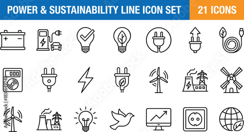 Power and sustainability line icon set featuring renewable energy, eco-friendly electricity, green technology, clean power sources, and environmental efficiency symbols