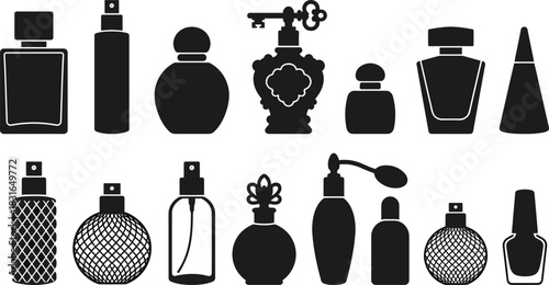 Black Silhouettes of Perfume and Cosmetic Bottles – Vector Set for Beauty Packaging, Fragrance Design, and Personal Care Branding