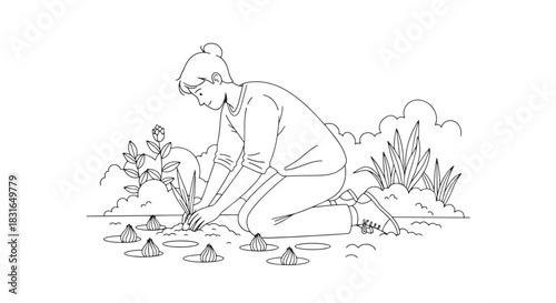 Woman Gardening and Planting Flower Bulbs Line Art Illustration