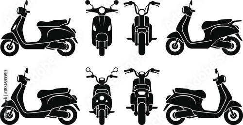Black Silhouettes of Scooters and Motorcycles – Vector Set Featuring Front, Side, Rear Views for Transportation and Vehicle Design Projects