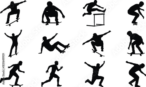 Black Silhouettes of Skateboarding and Athletic Figures – Vector Set for Sports, Motion, Action, and Urban Design Projects
