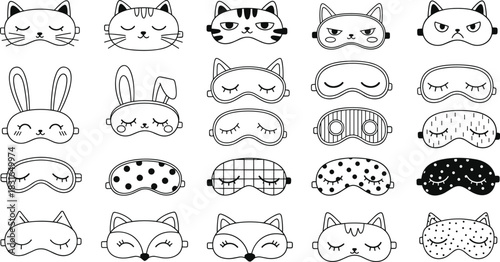 Black Silhouettes of Sleep Masks with Animal Faces and Patterns – Vector Set for Fashion, Kids, and Product Design Use