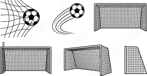 Black Silhouettes of Soccer Balls and Goals – Vector Set for Sports Graphics, Game Design, and Athletic Illustration Projects
