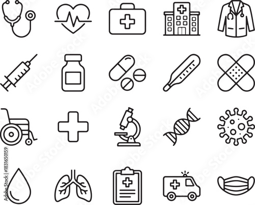 Collection of medical icons and symbols in a grid layout