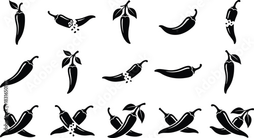 Chili Pepper Silhouette Collection Featuring Whole, Sliced, and Leaf Variations for Food, Spice, and Vector Design Illustration Use
