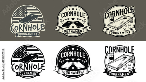 Cornhole Tournament Logo Collection Featuring Bean Bags, Boards, Stars, and American Flag Elements for Sports Event Promotion and Branding Design