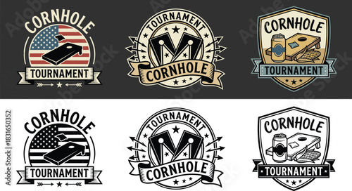 Cornhole Tournament Logo Set Featuring American Flag Themes, Crown Symbols, and Shield Graphics for Sports Event Branding and Promotion Design