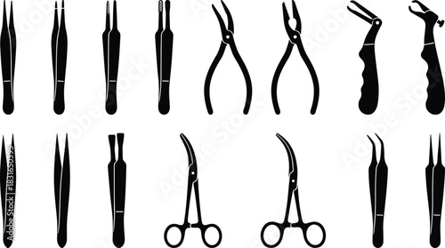 Dental Instrument Silhouette Collection Featuring Forceps, Elevators, Scissors, and Pliers for Medical, Surgical, and Vector Design Illustration Use