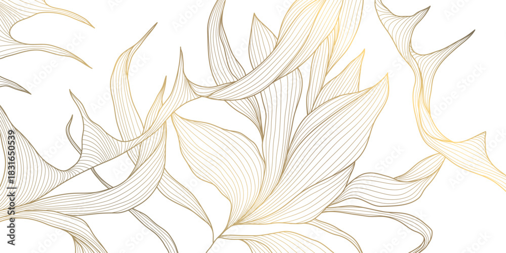 Fototapeta premium Elegant gold floral pattern background, delicate line leaves, botanical shapes. Luxury vector illustration, tropical elements, vintage art deco curves, premium botanical design