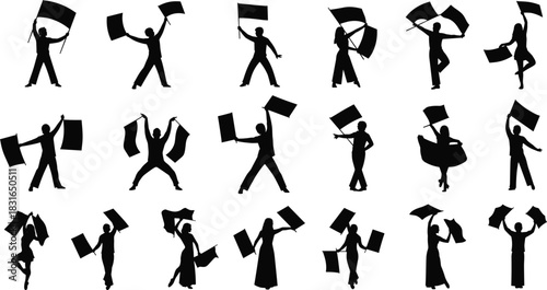 Flag Holding Silhouette Collection Featuring Expressive Poses, Movement Gestures, and Performance Art for Event, Protest, and Celebration Design Themes