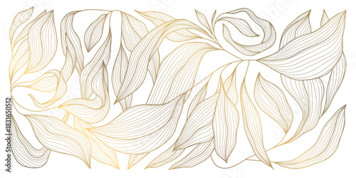 Elegant gold floral pattern background, delicate line leaves, botanical shapes. Luxury vector illustration, tropical elements, vintage art deco curves, premium botanical design