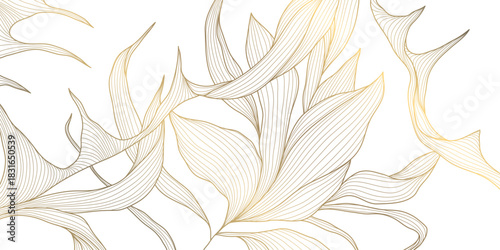 Elegant gold floral pattern background, delicate line leaves, botanical shapes. Luxury vector illustration, tropical elements, vintage art deco curves, premium botanical design